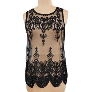 Black Sheer Mesh Soutache Embroidered Sleeveless Top Scalloped‎ Hem Round Neck M